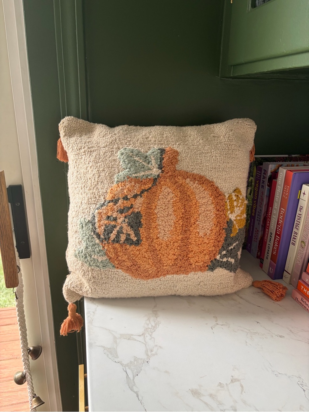 Threshold Hooked Pumpkin Accent Pillow in Cream, Orange and Green